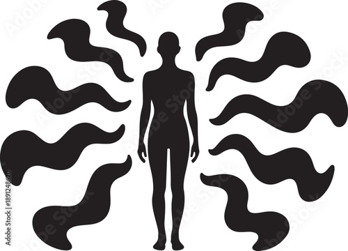 Human silhouette with abstract swirling shapes around body
