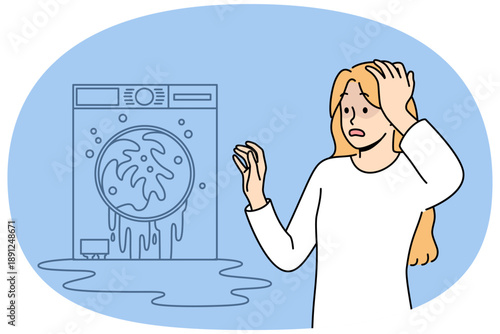 Broken washing machine shocks housewife who needs help of household appliance repairman. Breakdown of washing machine and flood in apartment are caused by lack of maintenance and clogged pipes