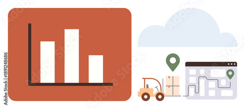 Supply chain, business analytics, logistics, delivery tracking, warehouse management, e-commerce solutions. Bar graph, forklift and shipment tracking icons. Logistics and supply chain