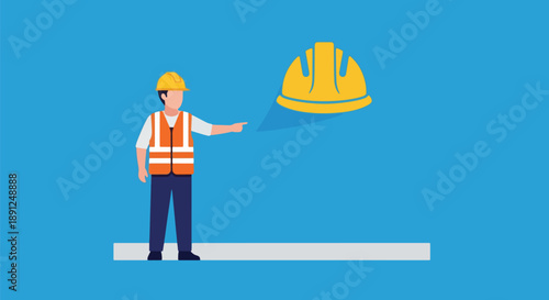 Construction Worker Pointing at Safety Helmet Blue Background Minimalist Design.