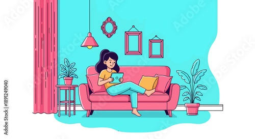 Woman relaxes comfortably on a pink sofa while interacting with a small tablet device in a brightly colored living room decorated with framed art.