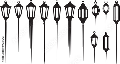 Collection of black street lamp silhouettes on white background