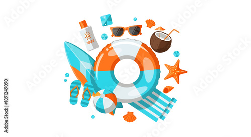 Collection of bright orange and blue beach essentials, featuring a striped inner tube, towel, and sun protection accessories arranged dynamically on a white background.