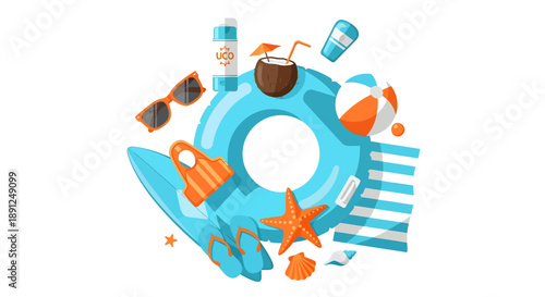 Assortment of vibrant summer vacation items, including an inflatable ring, surfboard, and tropical drink, floats isolated against a white background.