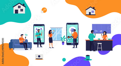 Several individuals interact with large smartphone screens showing home automation apps within a modern interior featuring couches and kitchen counters.