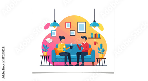 Friends relaxing comfortably on a modern blue sofa in a cozy living room, enjoying hot beverages and engaging in pleasant conversation, depicting friendship, leisure time, and comfortable domestic.
