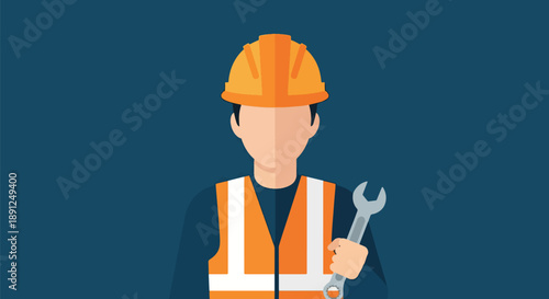 Construction Worker With Hard Hat and Tools Industrial Safety Concept.