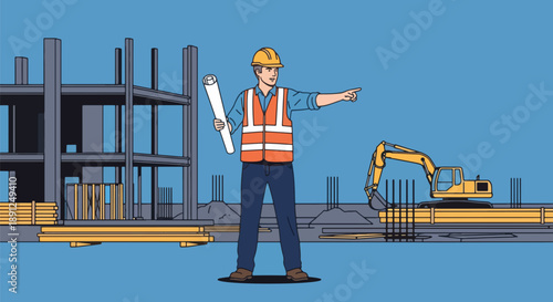 A construction worker in a hard hat and safety vest holding blueprints and pointing on a building site with an excavator.
