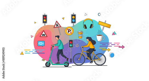 Man riding an electric scooter and woman cycling a bicycle navigate city traffic past colorful road signs and traffic signals illustrating urban mobility concepts.