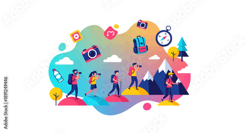 Group of hikers carrying backpacks and cameras ascends a stylized mountain path while abstract travel icons float above them in a colorful design.
