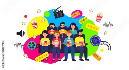 Audience members watch a movie together in dark theater seats while holding popcorn buckets amidst colorful abstract elements and cinema symbols.