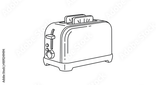 Simple black and white line art drawing of a classic two-slice bread toaster with buttons and a lever on a clean white background.