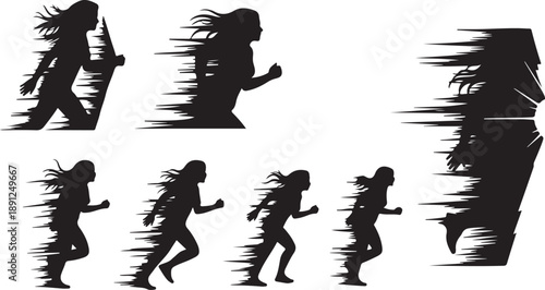 Silhouettes of women running in various dynamic motion poses