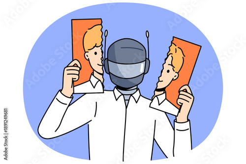 Humanoid robot replaces person and causes unemployment due to presence of artificial intelligence. Evil robot tears up person photo, threatening to take away job and destroy labor market.