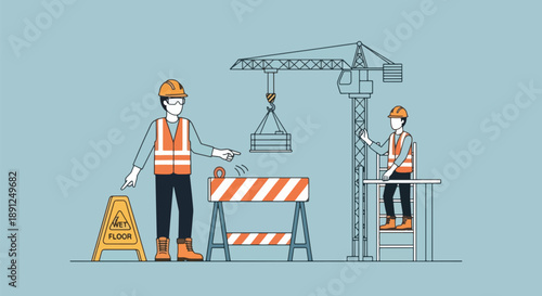 Construction Workers Crane Safety Equipment Building Site.