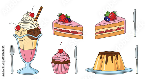 Selection of sweet treats featuring a large ice cream sundae with cherries, fruit-topped cake slices, a cupcake, and a chocolate-glazed pudding.