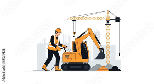 Construction worker operating mini excavator on site with crane.