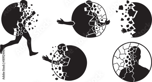 Silhouette of a man breaking apart into pieces slowly