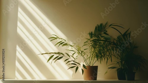 Wallpaper Mural Green potted plants receiving natural light from a window, creating warm striped shadows across a minimalist, beige wall, evoking a calm and peaceful domestic atmosphere Torontodigital.ca