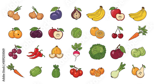 Extensive grid of diverse fresh produce including numerous types of fruits and vegetables in a colorful illustrative style.