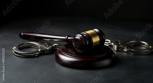Judge gavel with handcuffs on dark surface representing justice and law