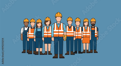 Diverse construction worker team in safety vests and hard hats.