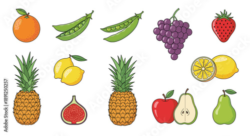 Selection of fresh fruits and vegetable pods including an orange, peas, grapes, a strawberry, pineapples, lemons, fig, apple, and pears.