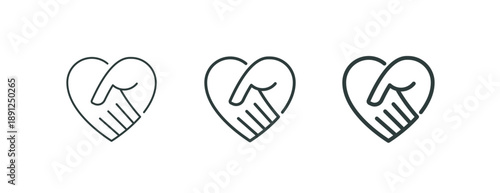 Handshake agreement friendly partnership deal, corporate trust contract thin outline icon. Minimalist line symbol heart shape made from two shaking hands. Vector isolated pictogram for web and app.