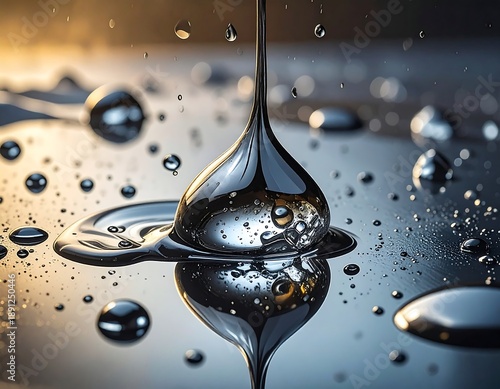 A close-up of a single drop of liquid falling onto a reflective surface