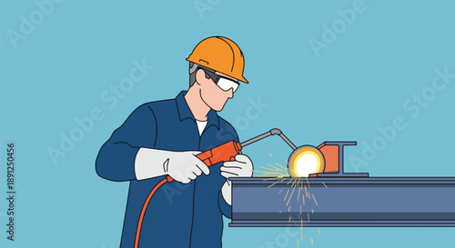 Welder Working with Metal Beams Sparks Flying - Safety Gear.
