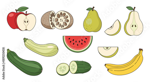Collection of various colorful fruit and vegetable illustrations including apples, pears, bananas, watermelon slices, and green zucchini.