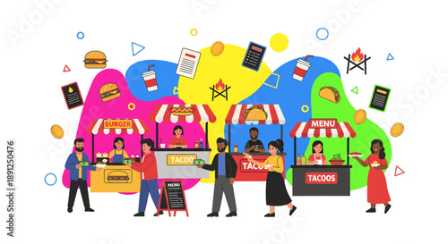 Diverse group of people purchase food from colorful outdoor street food vendors operating various small market stalls during a busy daytime event.