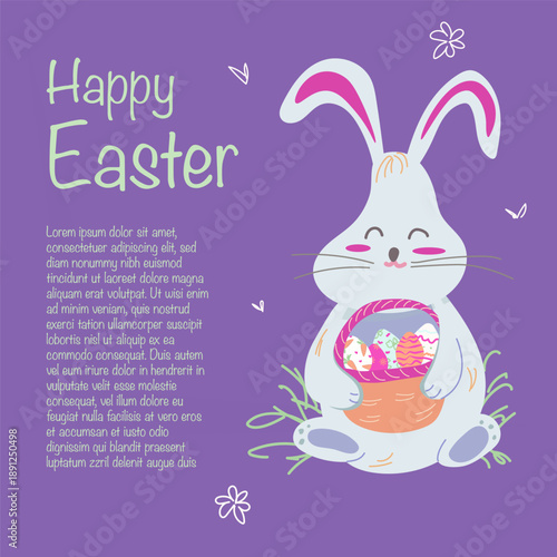 Happy Easter Greeting Card with Cute Bunny Holding Easter Eggs Basket – Purple Spring Holiday Poster Vector Illustration