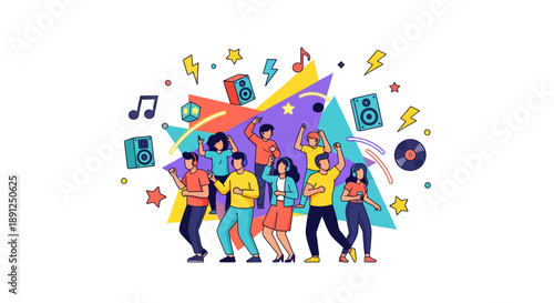 Diverse group of young people enthusiastically dancing at a vibrant music party surrounded by abstract shapes and sound equipment.