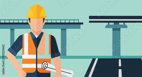 Construction Worker Near Highway Overpass and Bridge Support Structure.