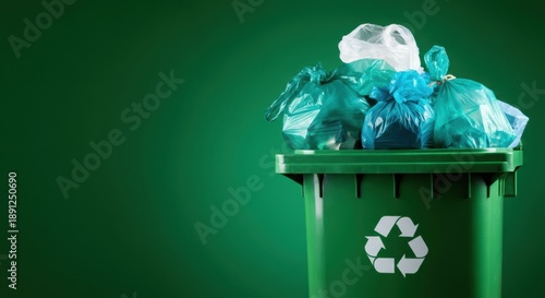 Green recycling bin overflowing with blue-green trash bags against green background
