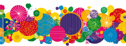 Design abstrato vibrante com formas circulares e orgânicas coloridas sobrepostas, criando um padrão dinâmico para fundos e elementos gráficos.