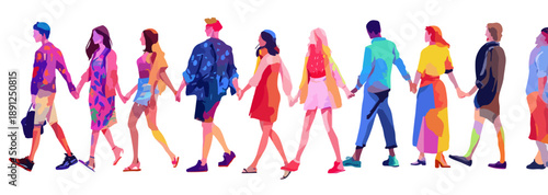 Ilustração vibrante de indivíduos diversos, de mãos dadas e caminhando juntos, representando união e progresso em um fundo transparente.