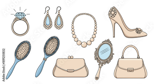 Assortment of elegant feminine accessories including a diamond ring, pearl necklace, high-heeled shoe, hairbrushes, handbags, and a vintage mirror.