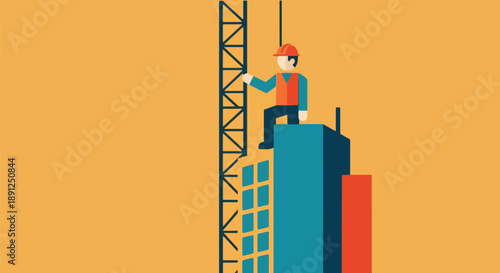 Construction Worker High Up On Skyscraper Development Site.