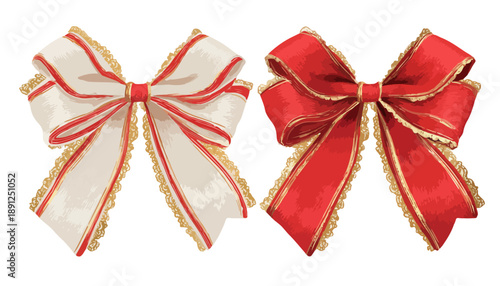 Conjunto de laços decorativos festivos em vermelho e creme com detalhes dourados, ideais para presentes e celebrações, isolados em fundo transparente.
