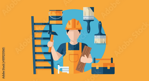 Construction Worker with Tools Renovation and Home Improvement Concept.