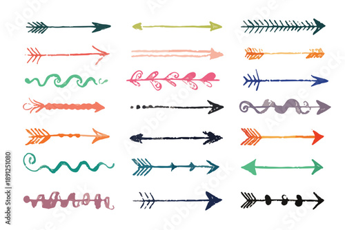 Coleção de setas rústicas desenhadas à mão em estilo doodle, perfeitas como elementos de design gráfico com fundo transparente.