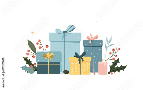 Ilustração vetorial de caixas de presente coloridas com laços e azevinho, perfeitas para celebrações de Natal e aniversários em fundo transparente.