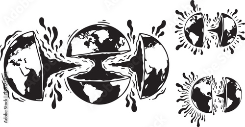 Earth globe with melting effect and black ink splashes