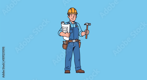 Cartoon illustration of a construction worker wearing a hard hat and overalls, holding blueprints and a hammer, standing on a blue background.