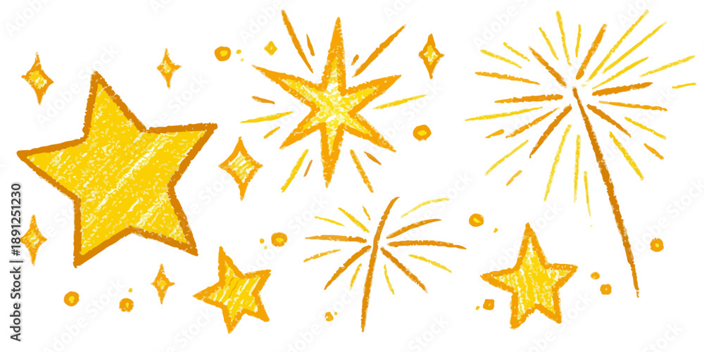 Obraz premium Ilustração vetorial desenhada à mão de estrelas douradas, brilhos e fogos de artifício, perfeita para celebrações e design festivo.