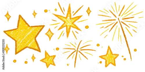 Ilustração vetorial desenhada à mão de estrelas douradas, brilhos e fogos de artifício, perfeita para celebrações e design festivo.