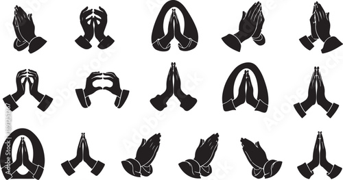 Various Praying Hand Gestures in Black and White Illustrations