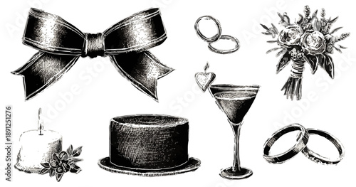 Conjunto de elementos gráficos de casamento e celebração, desenhados à mão em estilo vintage preto e branco para convites e decorações.